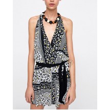 Black V Neckline Design Leopard Pattern Jumpsuit