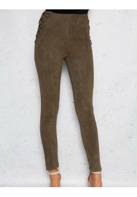 Olive Green Pure Color Decorated Trousers