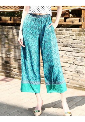 Trendy Pale Blue Flowers Pattern Decorated Loose Pants