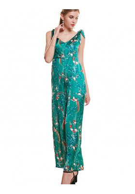 Elegant Green Phoenix Pattern Decorated Jumpsuit