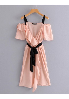 Pink V Neckline Design Suspender Dress