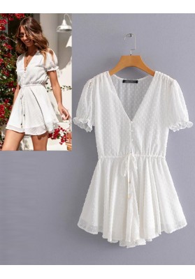 White Pure Color Design V Neckline Dress