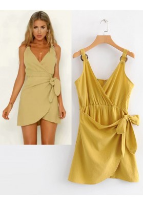 Khaki V Neckline Design Pure Color Dress