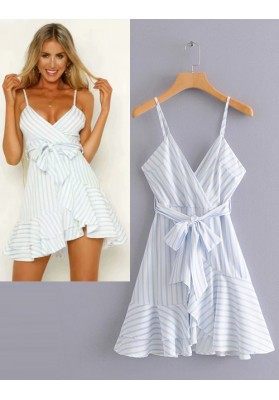 White Stripe Pattern Design V Neckline Dress