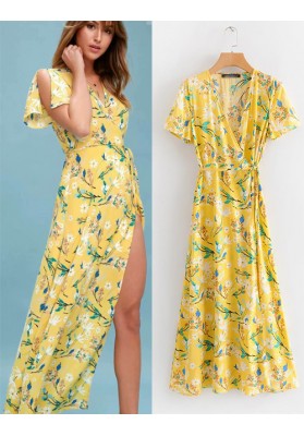 Yellow Flowers Decorated V Neckline Dress