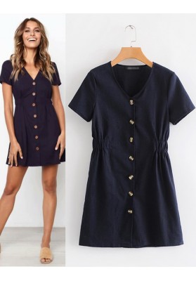 Navy Buttons Decorated Pure Color Dress