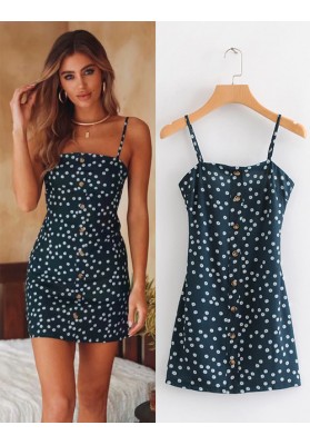 Navy Flowers Decorated Suspender Dress