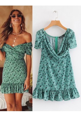 Green Flowers Decorated V Neckline Dress