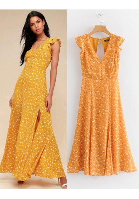 Yellow V Neckline Design Flower Pattern Dress