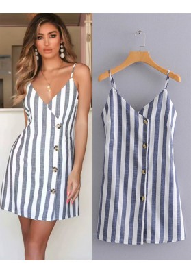 Blue Stripe Pattern Decorated Suspender Dress