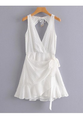 White V Neckline Design Pure Color Dress