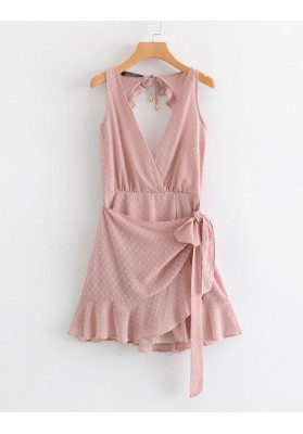 Pink V Neckline Design Pure Color Dress