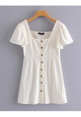 White Buttons Decorated Pure Color Dress