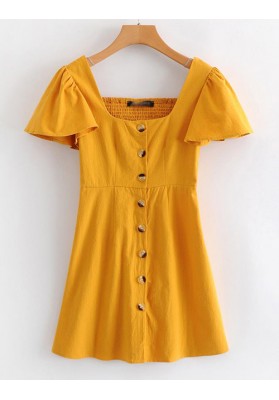 Yellow Buttons Decorated Pure Color Dress