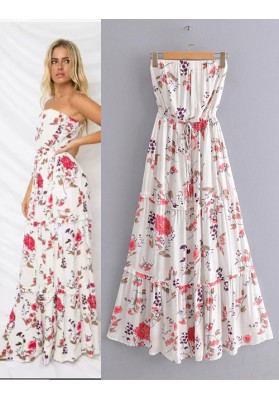 White Flowers Pattern Decorated Strapless Dress