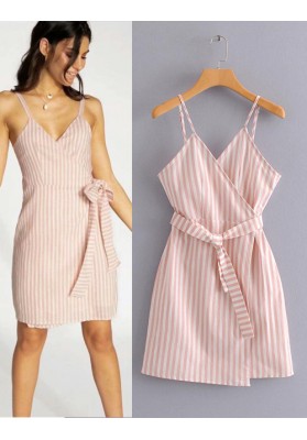 Pink Stripe Pattern Decorated Suspender Dress