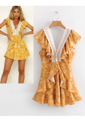 Yellow V Neckline Design Flower Pattern Dress