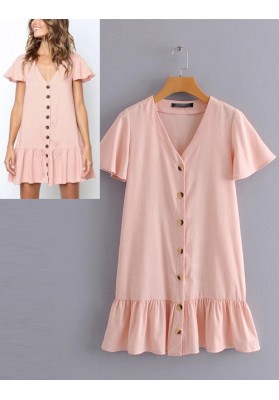 Pink Pure Color Design V Neckline Dress