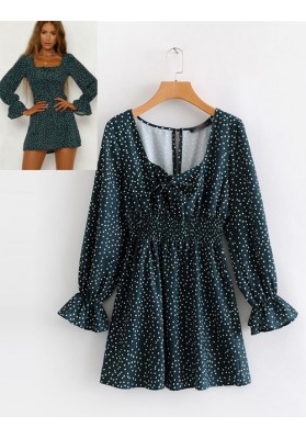 Green Dots Pattern Decorated Simple Dress