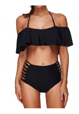 Simple Black Pure Color Decorated Bikini