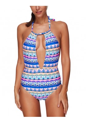 Blue Geometric Pattern Decorated Swimwear