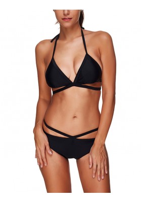 Charming Black Off-the-shoulder Design Pure Color Bikini