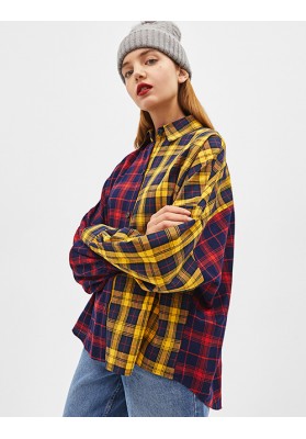 Red And Yellow Stitching Color Matching Plaid Shirt