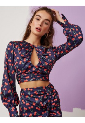 Navy Front Open Back Cherry Print Long Sleeve Top