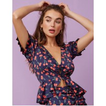 Navy V Neckline Fishtail Hem Cherry Print Top