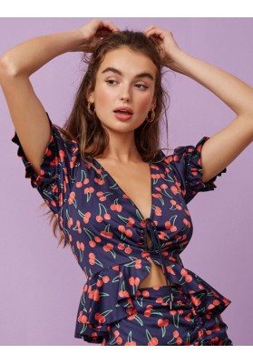 Navy V Neckline Fishtail Hem Cherry Print Top