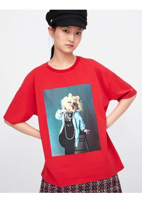 Red Miss Pig Print T-shirt