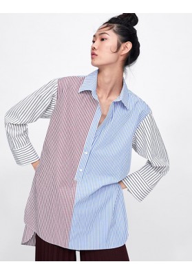 Color Matching Patchwork Loose Striped Shirt