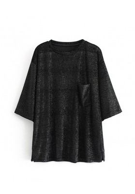 Black Solid Color Gilt Velvet Pocket T-shirt