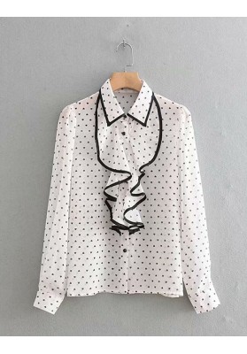 White Geometric Printed Ruffled Shirt Top