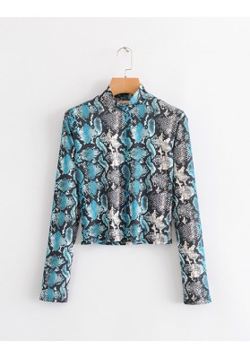 Blue Crocodile Snake Print Long-sleeved T-shirt Top