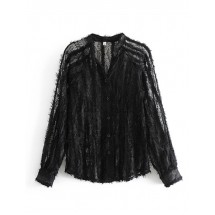 Black Solid Color Feather Lace Stitching Lapel Single-breasted Shirt