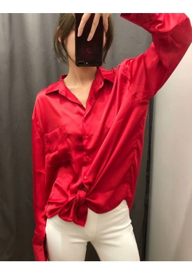 Red Solid Color Pocket Silk Satin Lapel Long Sleeve Shirt