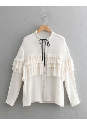 White Solid Color Bow Pullover Shirt