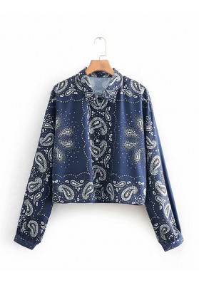 Cashew Blue Printed Short Lapels Long Sleeve Single-breasted Shirt